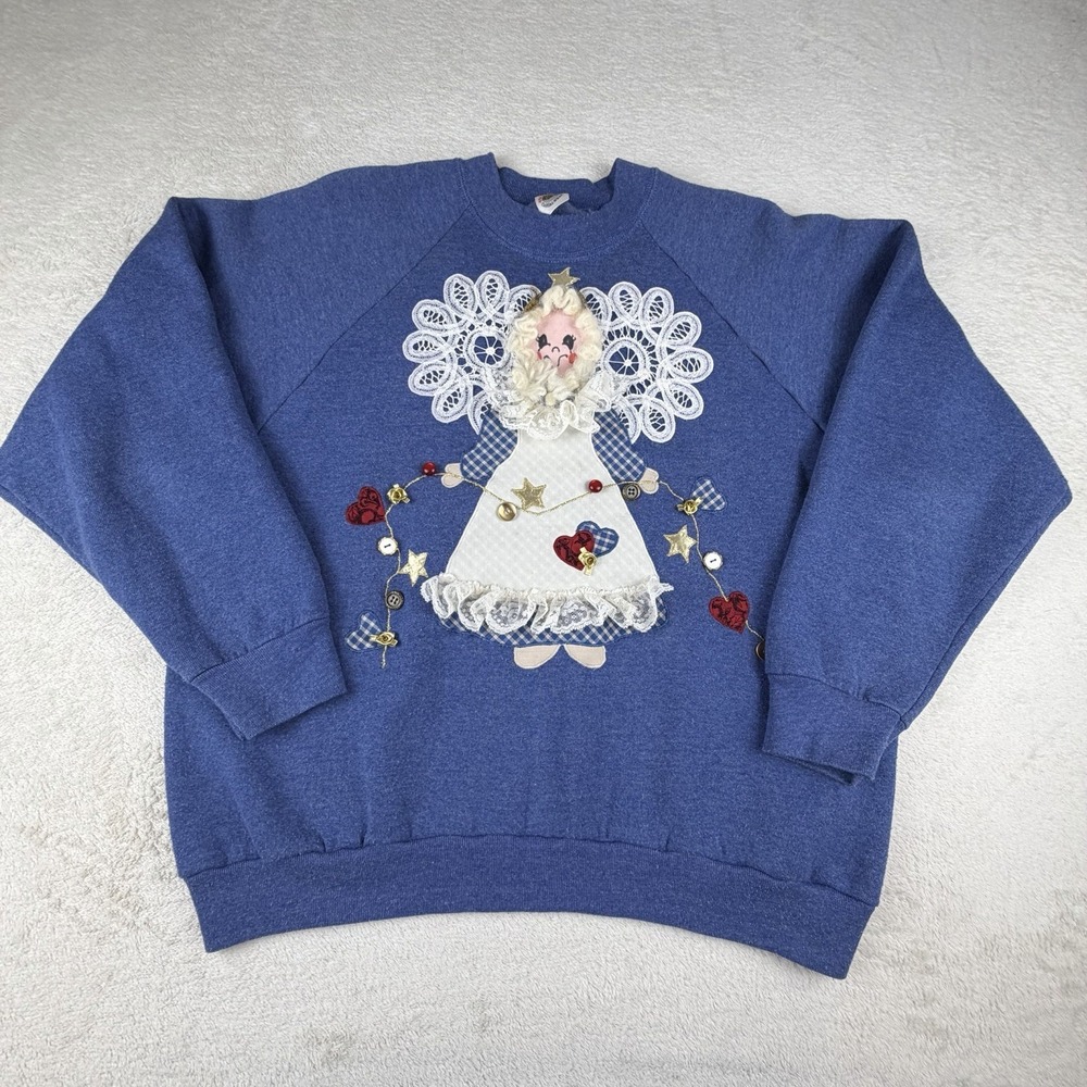 Vintage 90s Fruit Of The Loom Grandma Angel CrewNeck Sweatshirt Sz M Made USA 3D